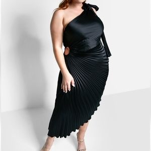 Makena Satin Pleated Midi Bodycon Dress